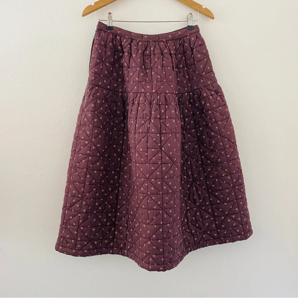 Madewell Quilted Crinkle Floral Midi Skirt - Brown Chocolate Raisin - Picture 5 of 8